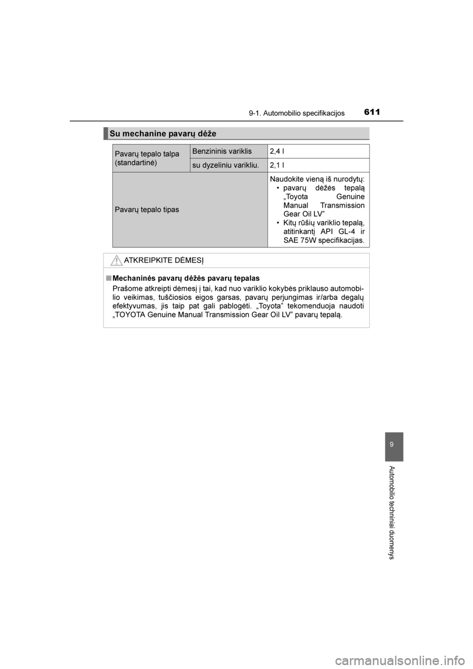 TOYOTA AVENSIS 2016  Eksploatavimo vadovas (in Lithuanian) 
6119-1. Automobilio specifikacijos
AVENSIS_OM_OM20C20E_(LT)
9
Automobilio techniniai duomenys
Su mechanine pavarų dėže
Pavarų tepalo talpa
(standartinė)Benzininis variklis2,4 l
su dyzeliniu vari