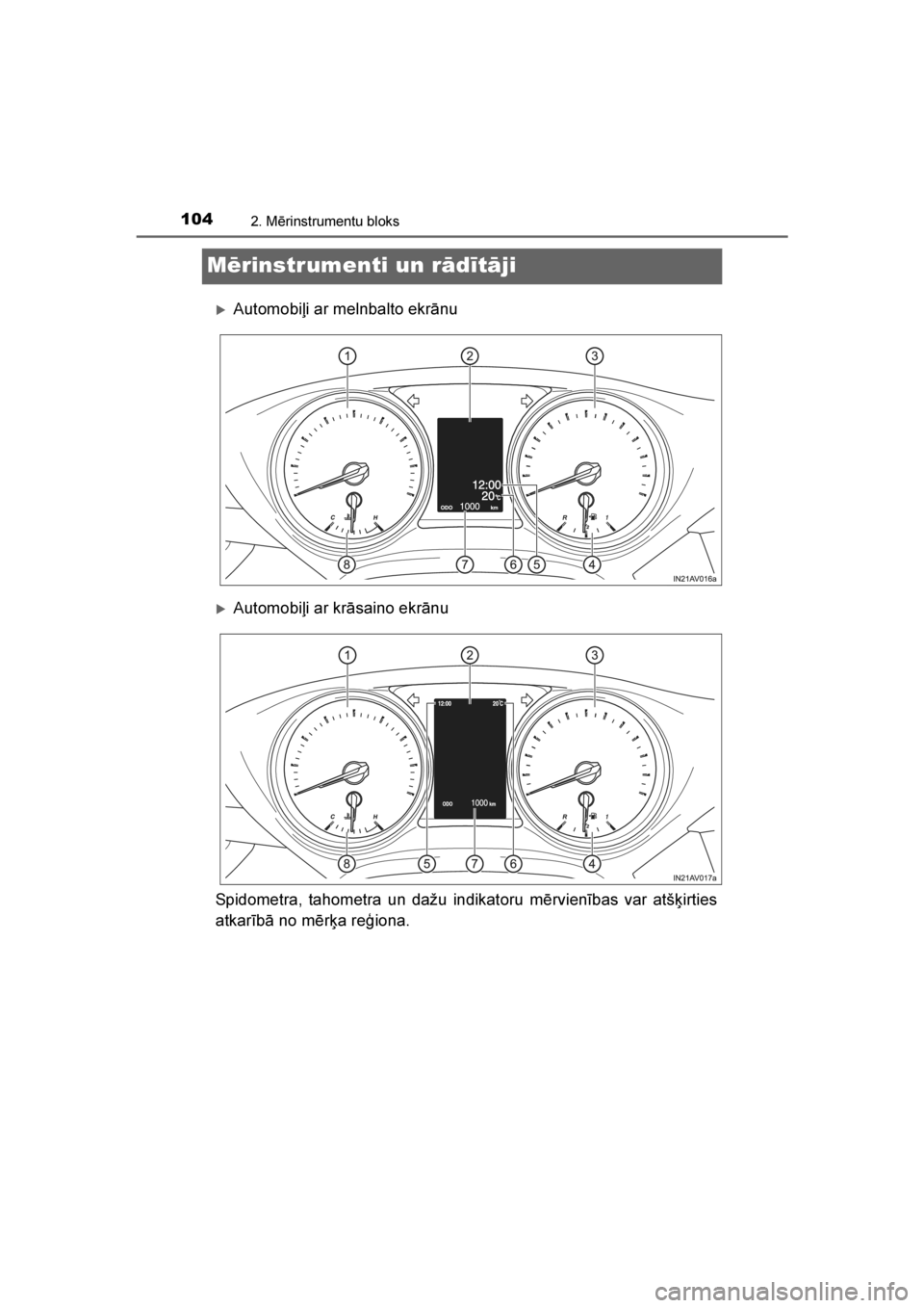 TOYOTA AVENSIS 2016  Lietošanas Instrukcija (in Latvian) 
1042. Mērinstrumentu bloks
AVENSIS_OM_OM20C20E_(LV)
Mērinstrumenti un rādītāji
Automobiļi ar melnbalto ekrānu
Automobiļi ar krāsaino ekrānu
Spidometra, tahometra un dažu indikatoru mērv