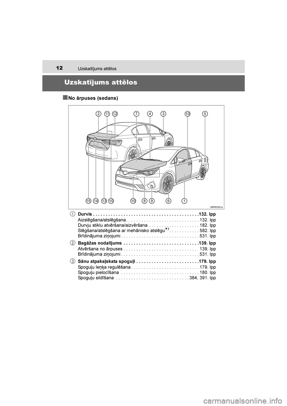 TOYOTA AVENSIS 2016 Lietošanas Instrukcija (in Latvian)
12Uzskaitījums attēlos
AVENSIS_OM_OM20C20E_(LV)
Uzskatījums attēlos
■
No ārpuses (sedans)
Durvis . . . . . . . . . . . . . . . . . . . . . . . . . . . . . . . . . . . . . . . . . .132. lpp
Aiz TOYOTA AVENSIS 2016 Lietošanas Instrukcija (in Latvian)
12Uzskaitījums attēlos
AVENSIS_OM_OM20C20E_(LV)
Uzskatījums attēlos
■
No ārpuses (sedans)
Durvis . . . . . . . . . . . . . . . . . . . . . . . . . . . . . . . . . . . . . . . . . .132. lpp
Aiz