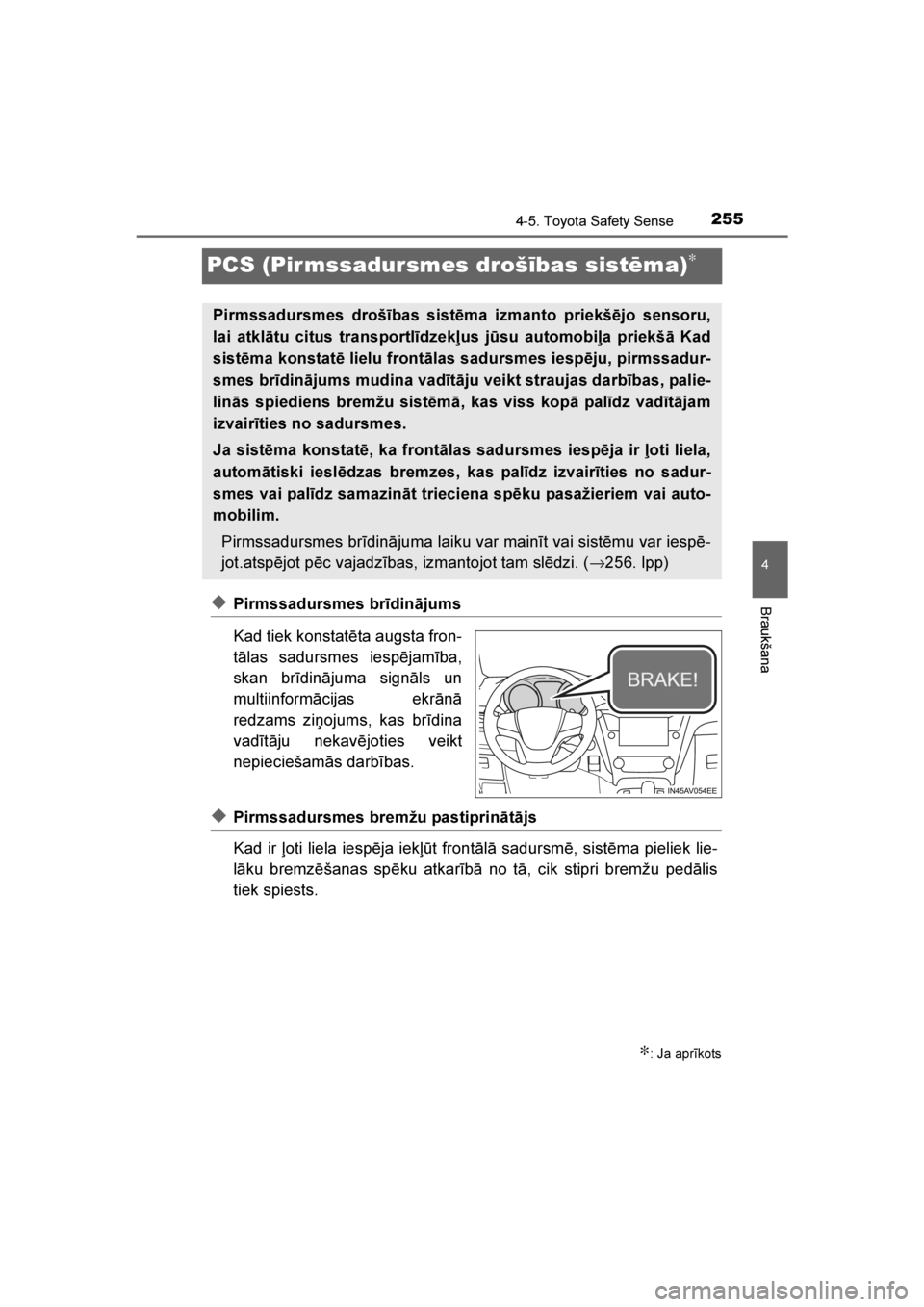 TOYOTA AVENSIS 2016 Lietošanas Instrukcija (in Latvian)
255
4
4-5. Toyota Safety Sense
Braukšana
AVENSIS_OM_OM20C20E_(LV)
PCS (Pir mssadursmes drošības sistēma)∗
◆Pirmssadursmes brīdinājums
Kad tiek konstatēta augsta fron-
tālas sadursmes iesp TOYOTA AVENSIS 2016 Lietošanas Instrukcija (in Latvian)
255
4
4-5. Toyota Safety Sense
Braukšana
AVENSIS_OM_OM20C20E_(LV)
PCS (Pir mssadursmes drošības sistēma)∗
◆Pirmssadursmes brīdinājums
Kad tiek konstatēta augsta fron-
tālas sadursmes iesp