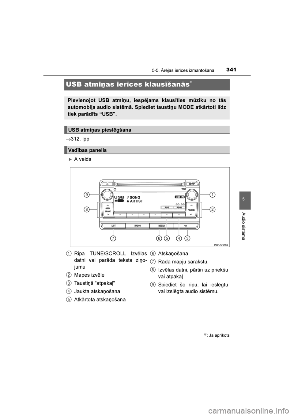 TOYOTA AVENSIS 2016  Lietošanas Instrukcija (in Latvian) 
341
5
5-5. \brējas ierīces izmantošana
Audio sistēma
AVENSIS_OM_OM20C20E_(LV)
USB atmiņas ierīces klausīšanās∗
→312. lpp
A veids
∗: Ja aprīkots
Pievienojot USB atmiņu, iespējams kl
