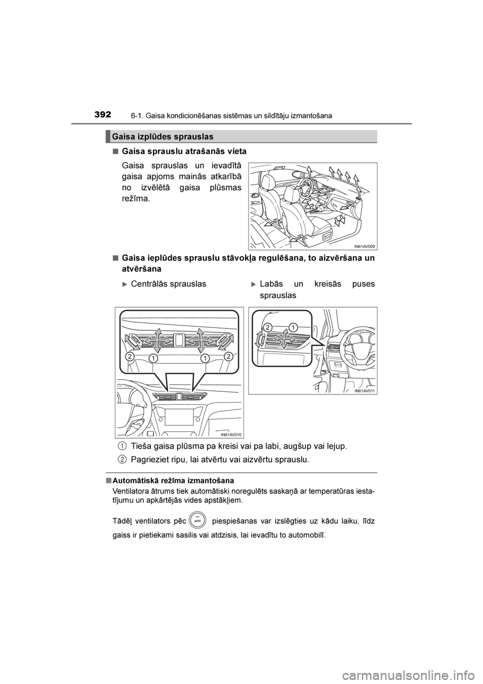 TOYOTA AVENSIS 2016 Lietošanas Instrukcija (in Latvian)
3926-1. Gaisa kondicionēšanas sistēmas un sildītāju izmantošana
AVENSIS_OM_OM20C20E_(LV)■
Gaisa sprauslu atrašanās vieta
Gaisa sprauslas un ievadītā
gaisa apjoms mainās atkarībā
no izv TOYOTA AVENSIS 2016 Lietošanas Instrukcija (in Latvian)
3926-1. Gaisa kondicionēšanas sistēmas un sildītāju izmantošana
AVENSIS_OM_OM20C20E_(LV)■
Gaisa sprauslu atrašanās vieta
Gaisa sprauslas un ievadītā
gaisa apjoms mainās atkarībā
no izv