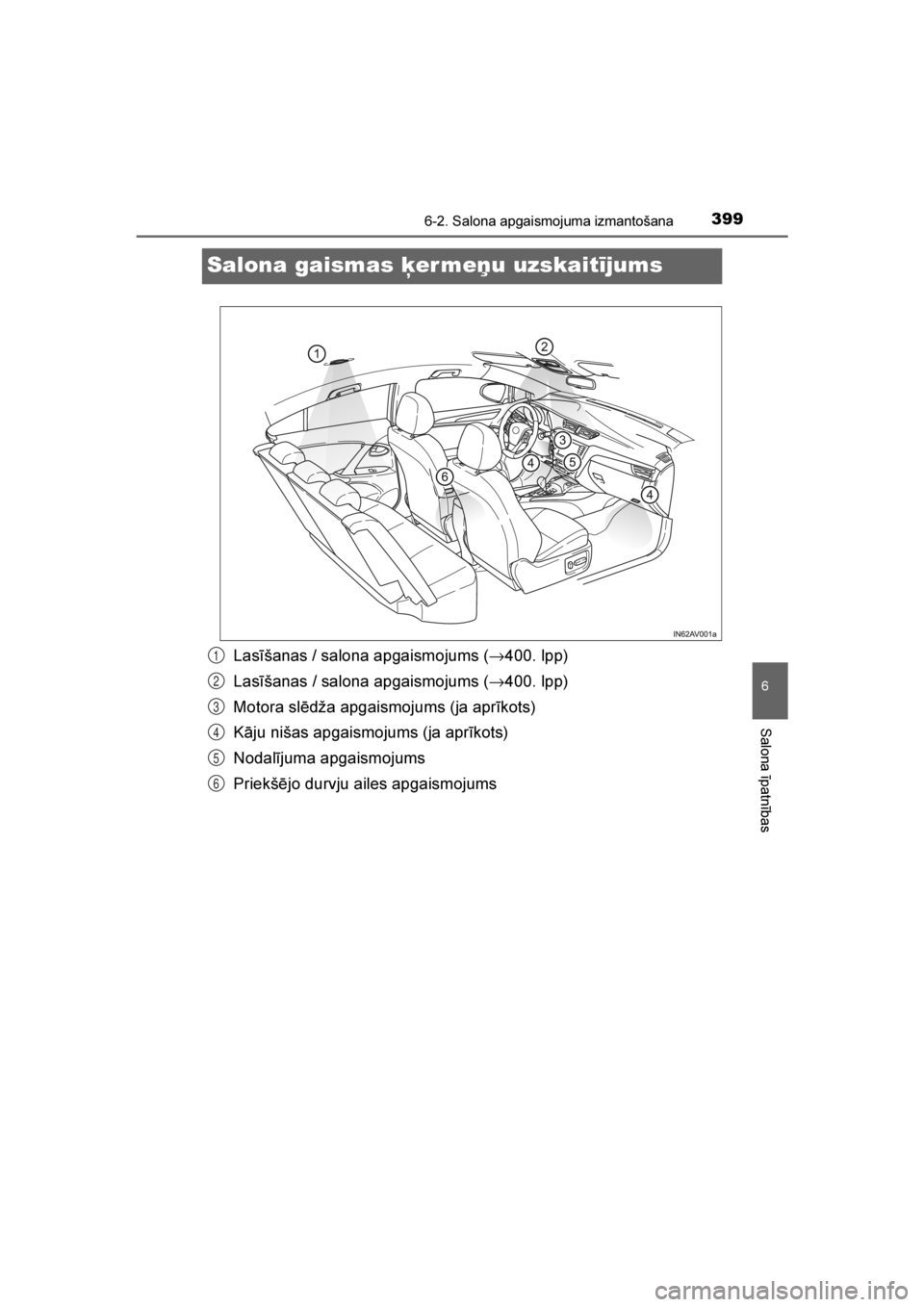 TOYOTA AVENSIS 2016 Lietošanas Instrukcija (in Latvian)
3996-2. Salona apgaismojuma izmantošana
AVENSIS_OM_OM20C20E_(LV)
6
Salona īpatnības
Salona gaismas ķer meņu uzskaitījums
Lasīšanas / salona apgaismojums (→400. lpp)
Lasīšanas / salona apg TOYOTA AVENSIS 2016 Lietošanas Instrukcija (in Latvian)
3996-2. Salona apgaismojuma izmantošana
AVENSIS_OM_OM20C20E_(LV)
6
Salona īpatnības
Salona gaismas ķer meņu uzskaitījums
Lasīšanas / salona apgaismojums (→400. lpp)
Lasīšanas / salona apg