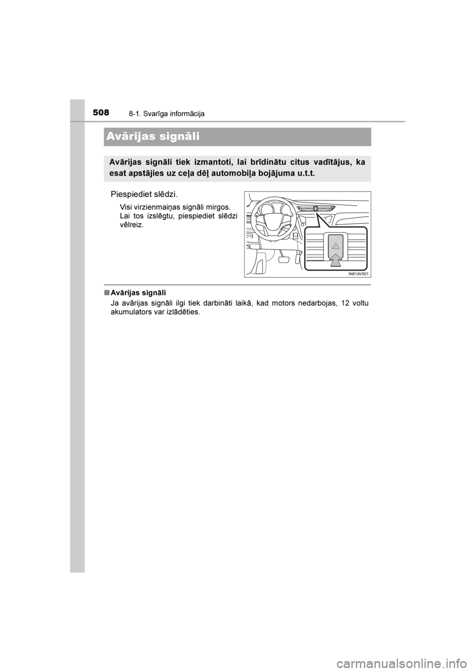 TOYOTA AVENSIS 2016 Lietošanas Instrukcija (in Latvian)
5088-1. Svarīga informācija
AVENSIS_OM_OM20C20E_(LV)
Avārijas signāli
Piespiediet slēdzi.
Visi virzienmaiņas signāli mirgos.
Lai tos izslēgtu, piespiediet slēdzi
vēlreiz.
■Avārijas sign TOYOTA AVENSIS 2016 Lietošanas Instrukcija (in Latvian)
5088-1. Svarīga informācija
AVENSIS_OM_OM20C20E_(LV)
Avārijas signāli
Piespiediet slēdzi.
Visi virzienmaiņas signāli mirgos.
Lai tos izslēgtu, piespiediet slēdzi
vēlreiz.
■Avārijas sign