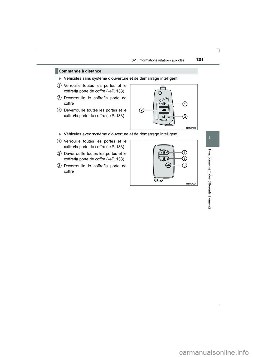 TOYOTA AVENSIS 2016  Notices Demploi (in French) 1213-1. Informations relatives aux clés
3
Fonctionnement des différents éléments
AVENSIS_OM_OM20C21K_(EK)
�XVéhicules sans système d’ouverture et de démarrage intelligent
Verrouille toutes le
