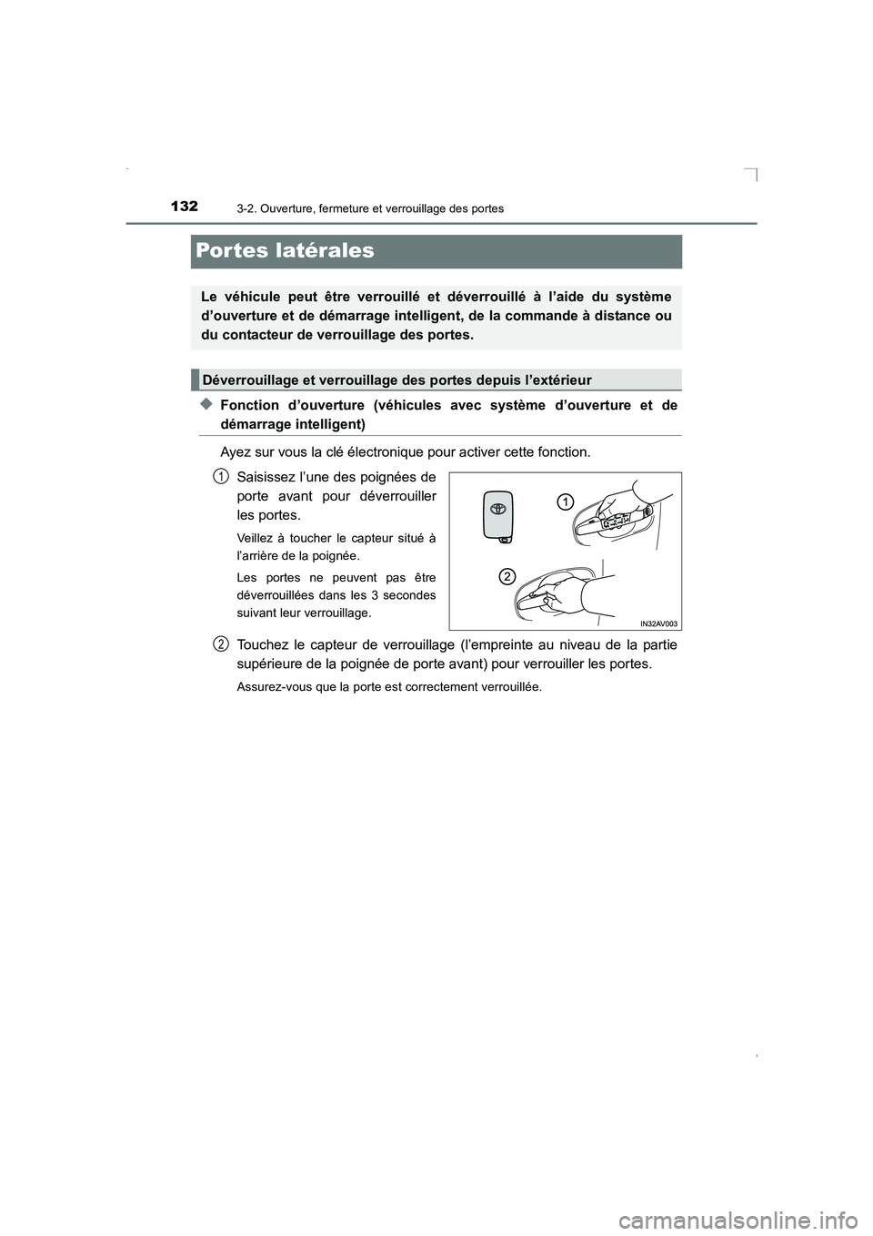 TOYOTA AVENSIS 2016 Notices Demploi (in French) 1323-2. Ouverture, fermeture et verrouillage des portes
AVENSIS_OM_OM20C21K_(EK)
Por tes latérales
◆Fonction d’ouverture (véhicules avec système d’ouverture et de
démarrage intelligent)
Ayez TOYOTA AVENSIS 2016 Notices Demploi (in French) 1323-2. Ouverture, fermeture et verrouillage des portes
AVENSIS_OM_OM20C21K_(EK)
Por tes latérales
◆Fonction d’ouverture (véhicules avec système d’ouverture et de
démarrage intelligent)
Ayez