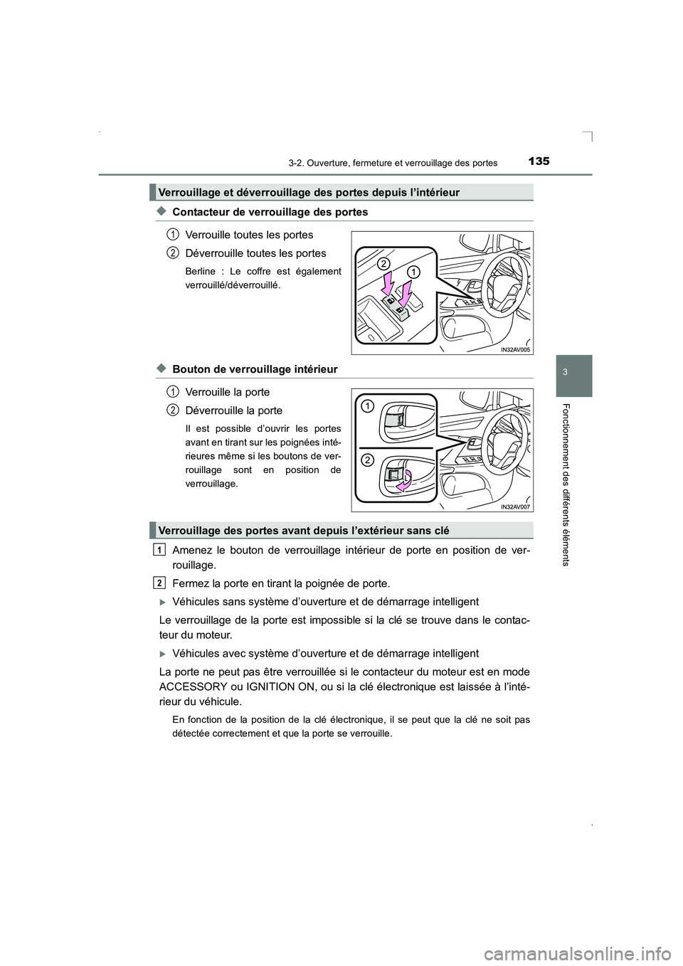 TOYOTA AVENSIS 2016  Notices Demploi (in French) 1353-2. Ouverture, fermeture et verrouillage des portes
3
Fonctionnement des différents éléments
AVENSIS_OM_OM20C21K_(EK)
◆Contacteur de verrouillage des portesVerrouille toutes les portes
Déver