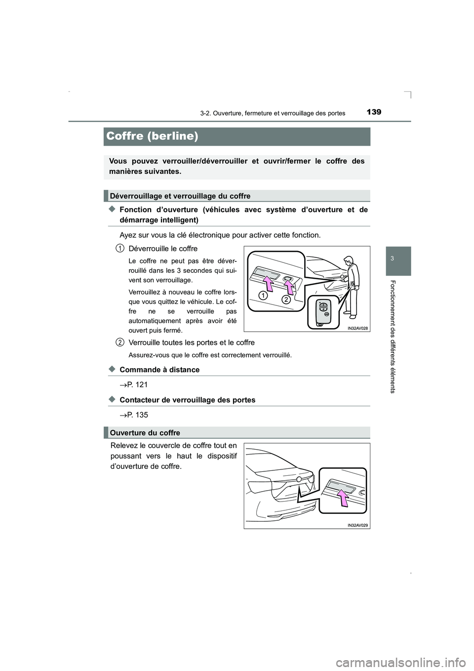 TOYOTA AVENSIS 2016  Notices Demploi (in French) 139
3
3-2. Ouverture, fermeture et verrouillage des portes
Fonctionnement des différents éléments
AVENSIS_OM_OM20C21K_(EK)
Coffre (berline)
◆Fonction d’ouverture (véhicules avec système d’o