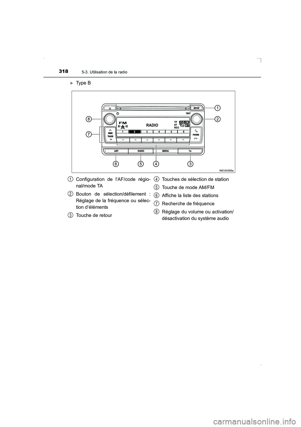 TOYOTA AVENSIS 2016  Notices Demploi (in French) 3185-3. Utilisation de la radio
AVENSIS_OM_OM20C21K_(EK)
�XType B
Configuration de l’AF/code régio-
nal/mode TA
Bouton de sélection/défilement :
Réglage de la fréquence ou sélec-
tion d’él