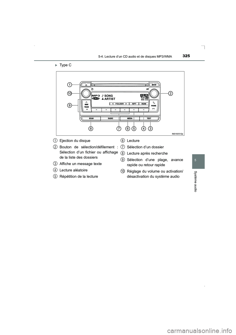 TOYOTA AVENSIS 2016  Notices Demploi (in French) 3255-4. Lecture d’un CD audio et de disques MP3/WMA
5
Système audio
AVENSIS_OM_OM20C21K_(EK)
�XType C
Ejection du disque
Bouton de sélection/défilement :
Sélection d’un fichier ou affichage
de