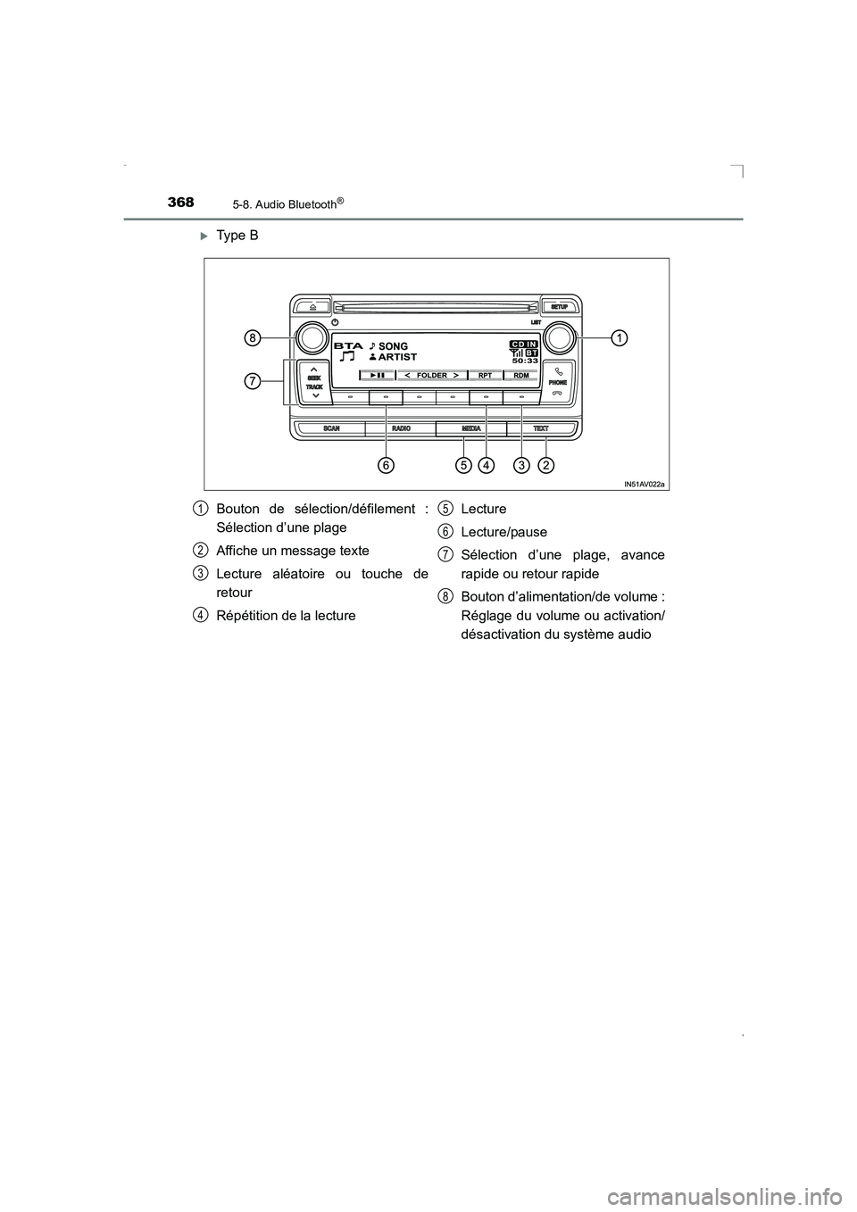 TOYOTA AVENSIS 2016  Notices Demploi (in French) 3685-8. Audio Bluetooth®
AVENSIS_OM_OM20C21K_(EK)
�XType B
Bouton de sélection/défilement :
Sélection d’une plage
Affiche un message texte
Lecture aléatoire ou touche de
retour
Répétition de 
