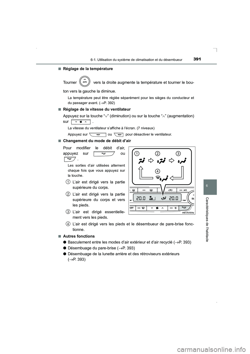 TOYOTA AVENSIS 2016 Notices Demploi (in French) 3916-1. Utilisation du système de climatisation et du désembueur
AVENSIS_OM_OM20C21K_(EK)
6
Caractéristiques de l’habitacle
■Réglage de la température
Tourner vers la droite augmente la tem TOYOTA AVENSIS 2016 Notices Demploi (in French) 3916-1. Utilisation du système de climatisation et du désembueur
AVENSIS_OM_OM20C21K_(EK)
6
Caractéristiques de l’habitacle
■Réglage de la température
Tourner vers la droite augmente la tem