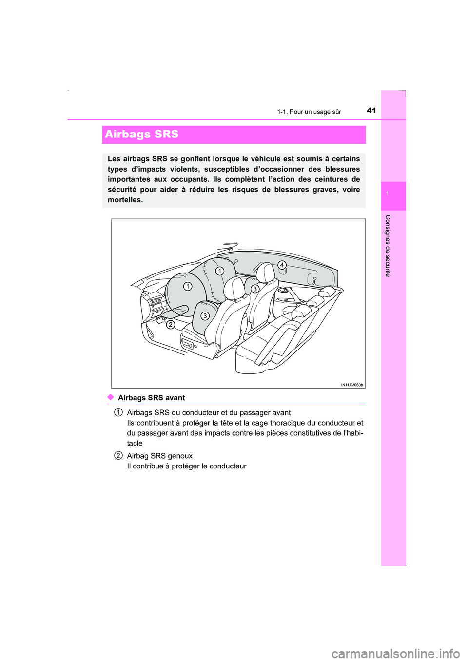 TOYOTA AVENSIS 2016  Notices Demploi (in French) 411-1. Pour un usage sûr
1
Consignes de sécurité
AVENSIS_OM_OM20C21K_(EK)
Airbags SRS
◆Airbags SRS avantAirbags SRS du conducteur et du passager avant 
Ils contribuent à protéger la tête et la