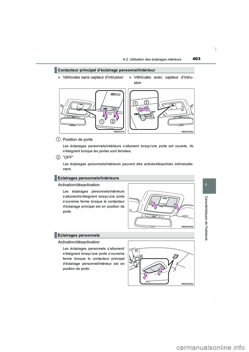 TOYOTA AVENSIS 2016  Notices Demploi (in French) 4036-2. Utilisation des éclairages intérieurs
AVENSIS_OM_OM20C21K_(EK)
6
Caractéristiques de l’habitacle
Position de porte
Les éclairages personnels/intérieurs s’allument lorsqu’une porte e