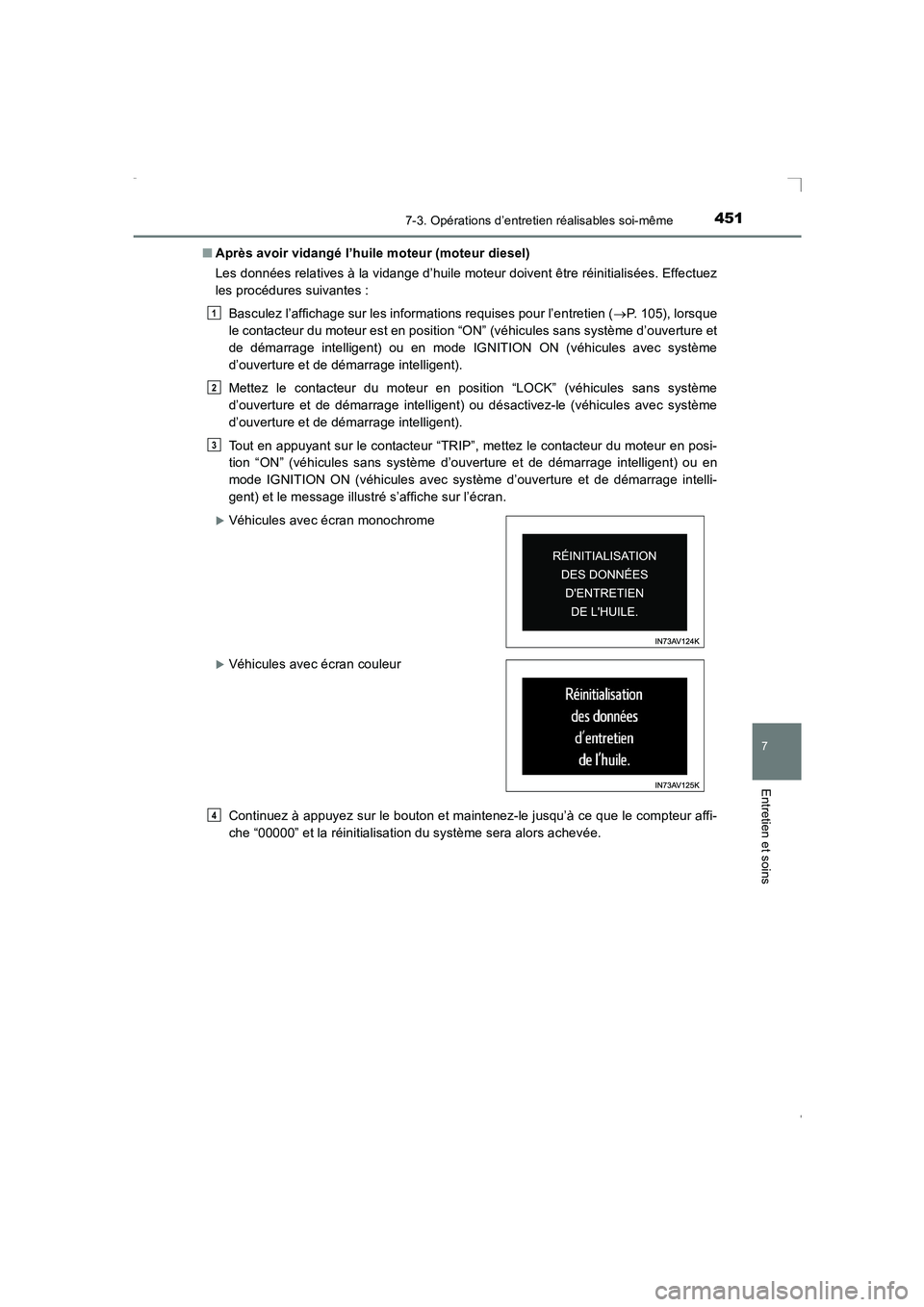 TOYOTA AVENSIS 2016 Notices Demploi (in French) 4517-3. Opérations d’entretien réalisables soi-même
AVENSIS_OM_OM20C21K_(EK)
7
Entretien et soins
■Après avoir vidangé l’huile moteur (moteur diesel)
Les données relatives à la vidange d TOYOTA AVENSIS 2016 Notices Demploi (in French) 4517-3. Opérations d’entretien réalisables soi-même
AVENSIS_OM_OM20C21K_(EK)
7
Entretien et soins
■Après avoir vidangé l’huile moteur (moteur diesel)
Les données relatives à la vidange d