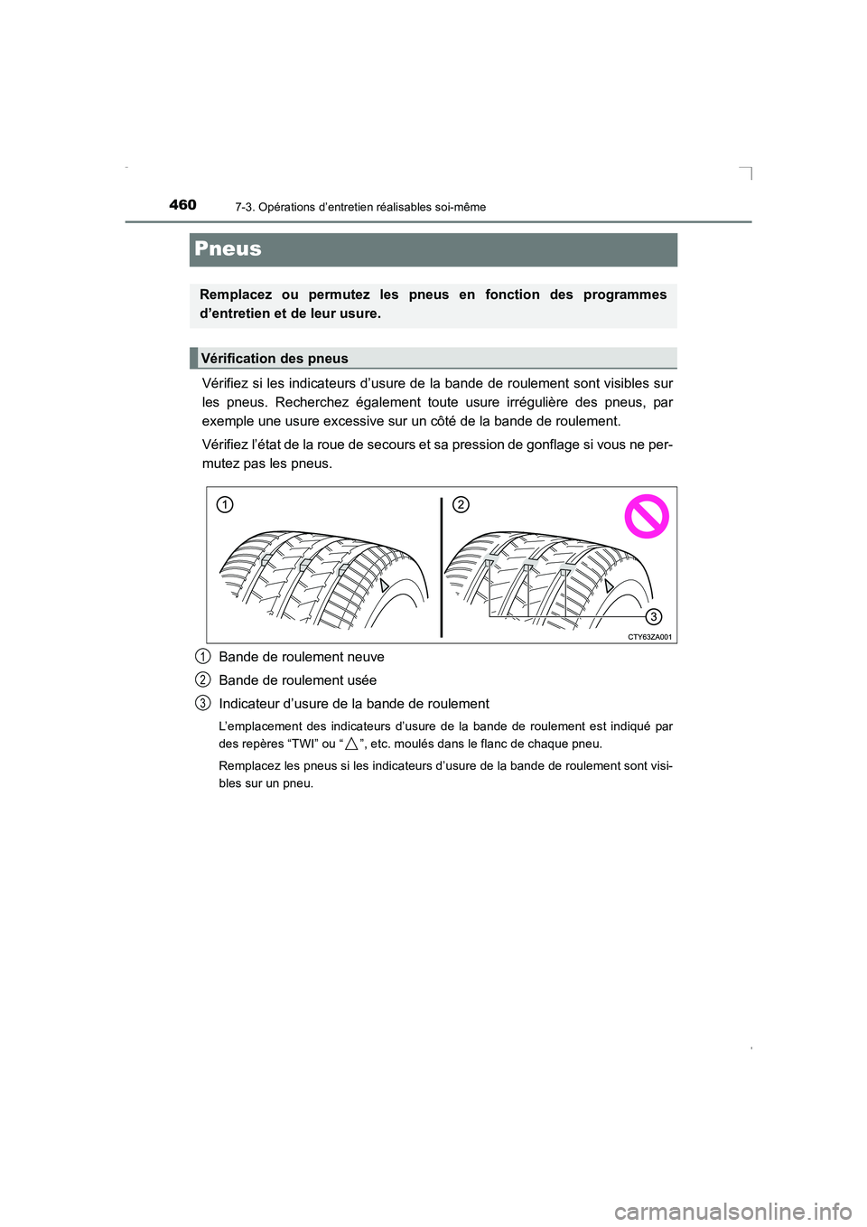 TOYOTA AVENSIS 2016  Notices Demploi (in French) 4607-3. Opérations d’entretien réalisables soi-même
AVENSIS_OM_OM20C21K_(EK)
Pneus
Vérifiez si les indicateurs d’usure de la bande de roulement sont visibles sur
les pneus. Recherchez égaleme