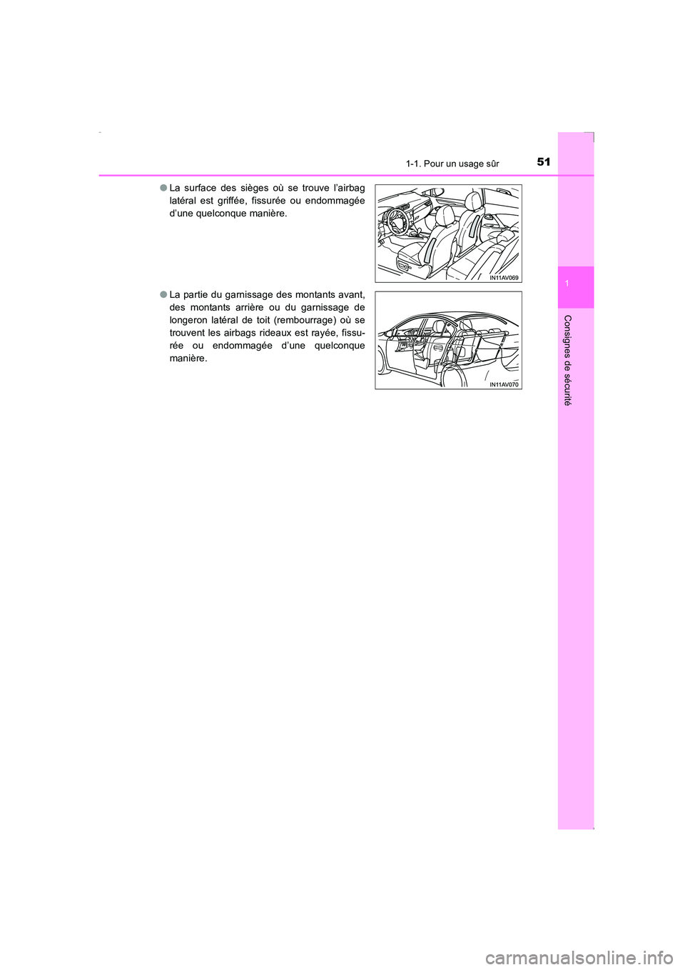 TOYOTA AVENSIS 2016  Notices Demploi (in French) 511-1. Pour un usage sûr
1
AVENSIS_OM_OM20C21K_(EK)
Consignes de sécurité
●La surface des sièges où se trouve l’airbag
latéral est griffée, fissurée ou endommagée
d’une quelconque mani