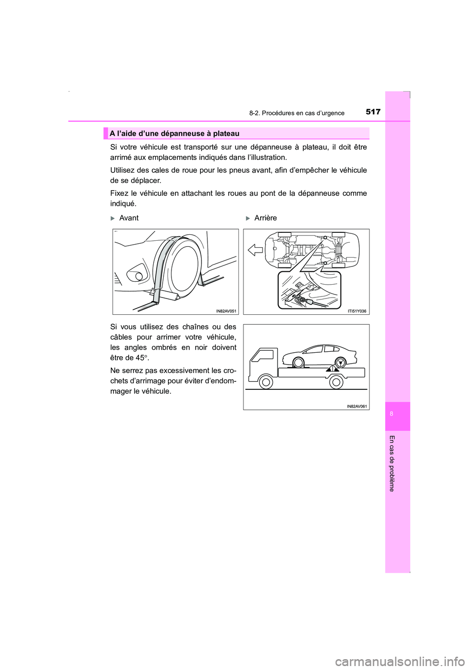 TOYOTA AVENSIS 2016 Notices Demploi (in French) 5178-2. Procédures en cas d’urgence
AVENSIS_OM_OM20C21K_(EK)
8
En cas de problème
Si votre véhicule est transporté sur une dépanneuse à plateau, il doit être
arrimé aux emplacements indiqué TOYOTA AVENSIS 2016 Notices Demploi (in French) 5178-2. Procédures en cas d’urgence
AVENSIS_OM_OM20C21K_(EK)
8
En cas de problème
Si votre véhicule est transporté sur une dépanneuse à plateau, il doit être
arrimé aux emplacements indiqué