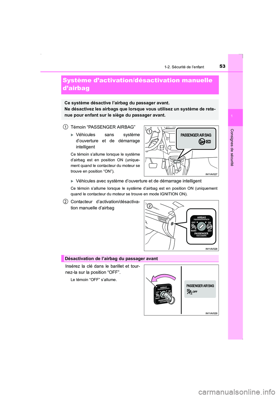 TOYOTA AVENSIS 2016  Notices Demploi (in French) 53
1
1-2. Sécurité de l’enfant
AVENSIS_OM_OM20C21K_(EK)
Consignes de sécurité
Système d’activation/désactivation manuelle 
d’airbag
Témoin “PASSENGER AIRBAG”
�XVéhicules sans systèm
