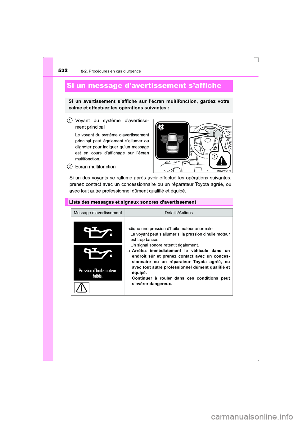 TOYOTA AVENSIS 2016 Notices Demploi (in French) 5328-2. Procédures en cas d’urgence
AVENSIS_OM_OM20C21K_(EK)
Si un message d’avertissement s’affiche
Voyant du système d’avertisse-
ment principal
Le voyant du système d’avertissement
pri TOYOTA AVENSIS 2016 Notices Demploi (in French) 5328-2. Procédures en cas d’urgence
AVENSIS_OM_OM20C21K_(EK)
Si un message d’avertissement s’affiche
Voyant du système d’avertisse-
ment principal
Le voyant du système d’avertissement
pri
