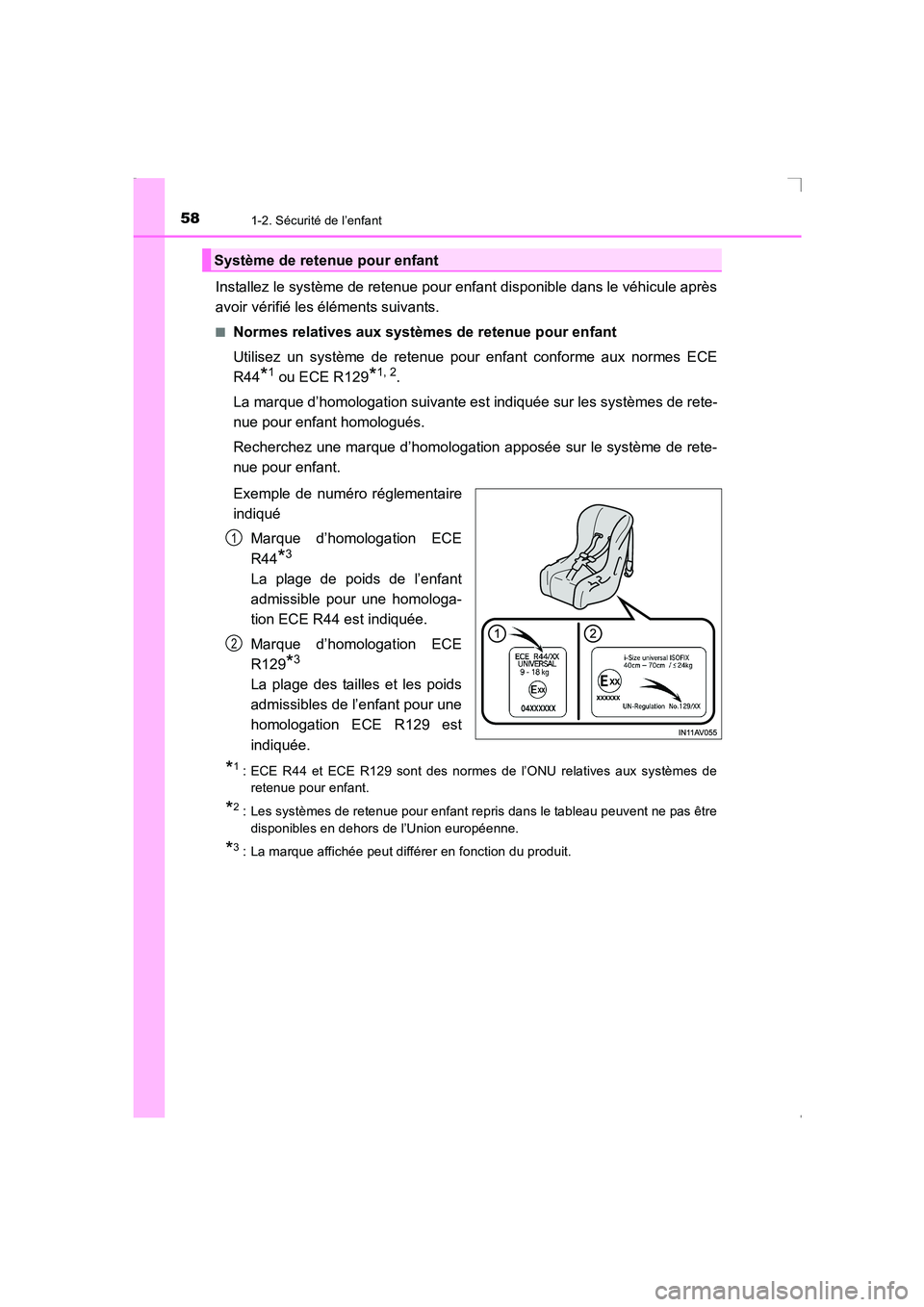 TOYOTA AVENSIS 2016  Notices Demploi (in French) 581-2. Sécurité de l’enfant
AVENSIS_OM_OM20C21K_(EK)
Installez le système de retenue pour enfant disponible dans le véhicule après
avoir vérifié les éléments suivants.
■Normes relatives a