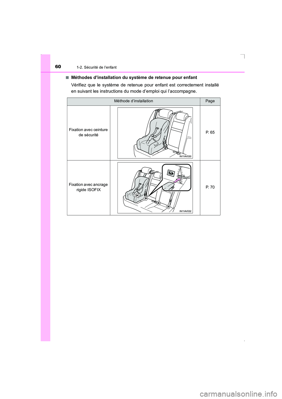 TOYOTA AVENSIS 2016  Notices Demploi (in French) 601-2. Sécurité de l’enfant
AVENSIS_OM_OM20C21K_(EK)■
Méthodes d’installation du système de retenue pour enfant
Vérifiez que le système de retenue pour enfant est correctement installé
en