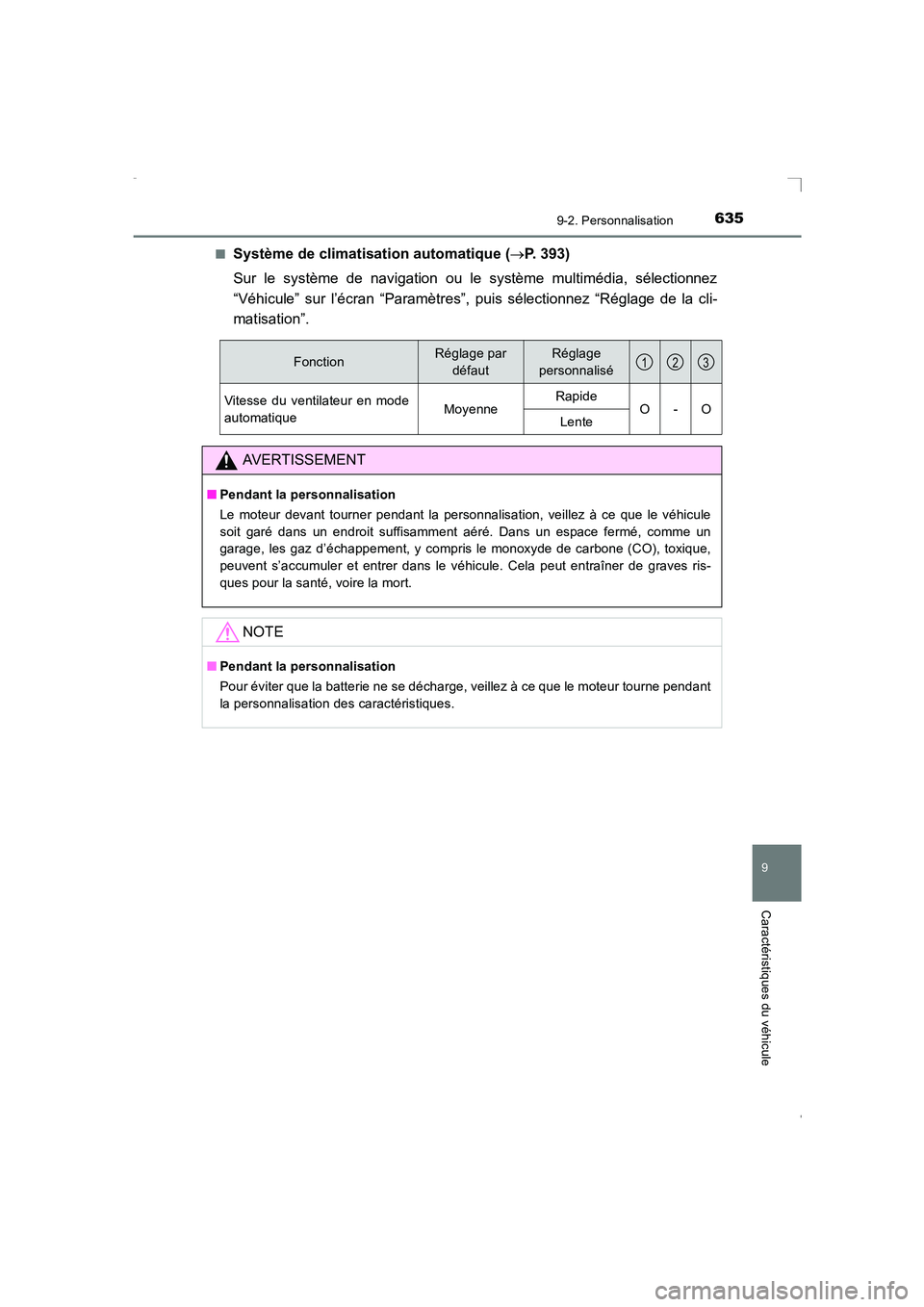 TOYOTA AVENSIS 2016  Notices Demploi (in French) 6359-2. Personnalisation
AVENSIS_OM_OM20C21K_(EK)
9
Caractéristiques du véhicule
■Système de climatisation automatique (→P. 393)
Sur le système de navigation ou le système multimédia, sélec