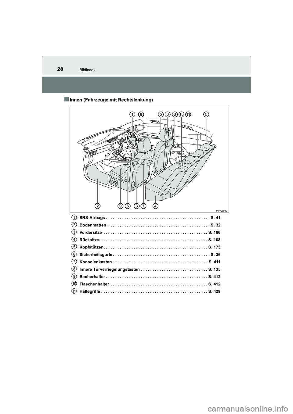 TOYOTA AVENSIS 2016 Betriebsanleitungen (in German) 28Bildindex
AVENSIS_OM_OM20C22M_(EM)
■Innen (Fahrzeuge mit Rechtslenkung)
SRS-Airbags . . . . . . . . . . . . . . . . . . . . . . . . . . . . . . . . . . . . . . . . . . . . . S. 41
Bodenmatten . . TOYOTA AVENSIS 2016 Betriebsanleitungen (in German) 28Bildindex
AVENSIS_OM_OM20C22M_(EM)
■Innen (Fahrzeuge mit Rechtslenkung)
SRS-Airbags . . . . . . . . . . . . . . . . . . . . . . . . . . . . . . . . . . . . . . . . . . . . . S. 41
Bodenmatten . .