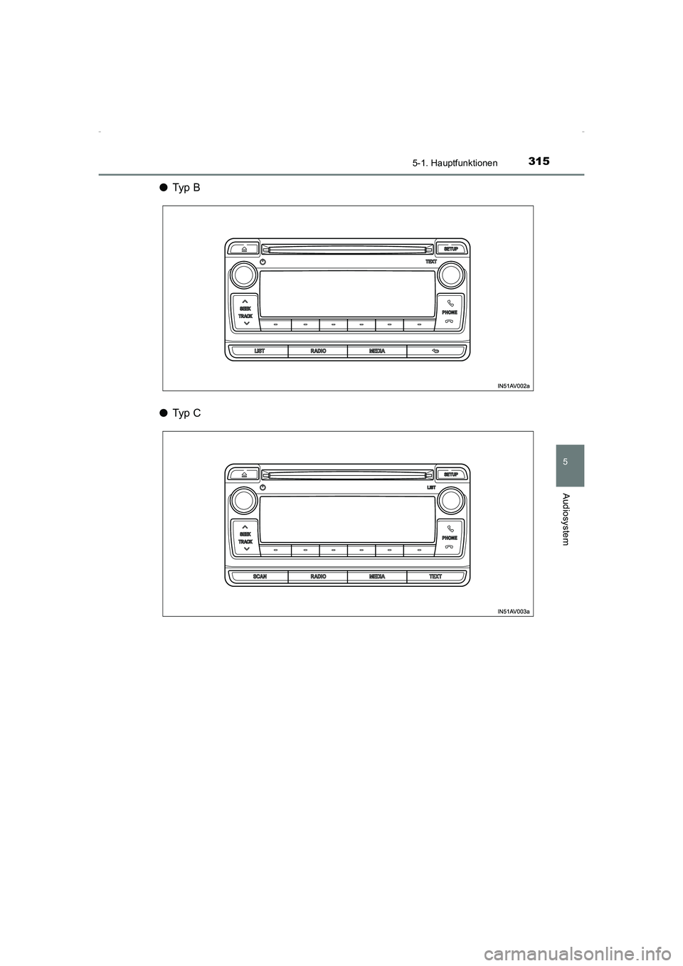 TOYOTA AVENSIS 2016  Betriebsanleitungen (in German) 3155-1. Hauptfunktionen
5
Audiosystem
AVENSIS_OM_OM20C22M_(EM)
●Ty p  B
● Ty p  C
AVENSIS_OM_OM20C22M_(EM).book  Page 315  Friday, February 6, 20 15  8:11 PM 