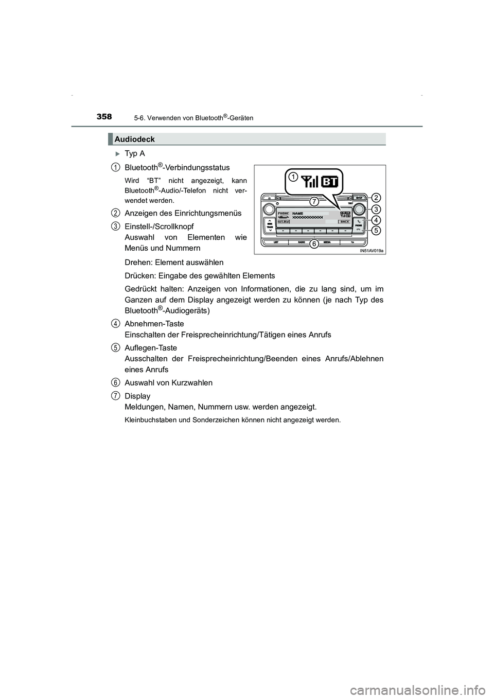 TOYOTA AVENSIS 2016  Betriebsanleitungen (in German) 3585-6. Verwenden von Bluetooth®-Geräten
AVENSIS_OM_OM20C22M_(EM)
�XTy p  A
Bluetooth
®-Verbindungsstatus
Wird “BT” nicht angezeigt, kann
Bluetooth®-Audio/-Telefon nicht ver-
wendet werden.
An
