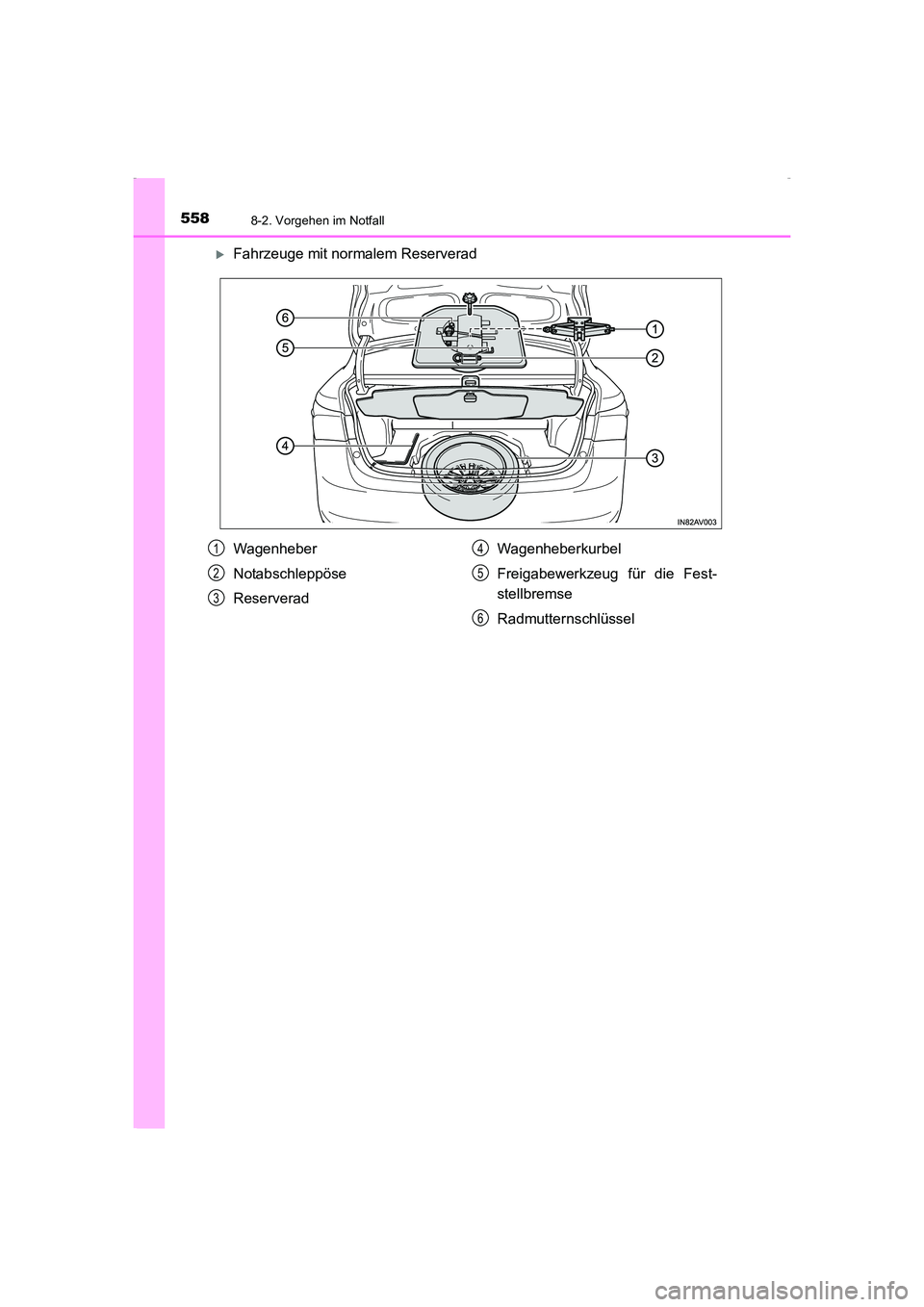 TOYOTA AVENSIS 2016  Betriebsanleitungen (in German) 5588-2. Vorgehen im Notfall
AVENSIS_OM_OM20C22M_(EM)
�XFahrzeuge mit normalem Reserverad
Wagenheber
Notabschleppöse
ReserveradWagenheberkurbel
Freigabewerkzeug für die Fest-
stellbremse
Radmutternsc