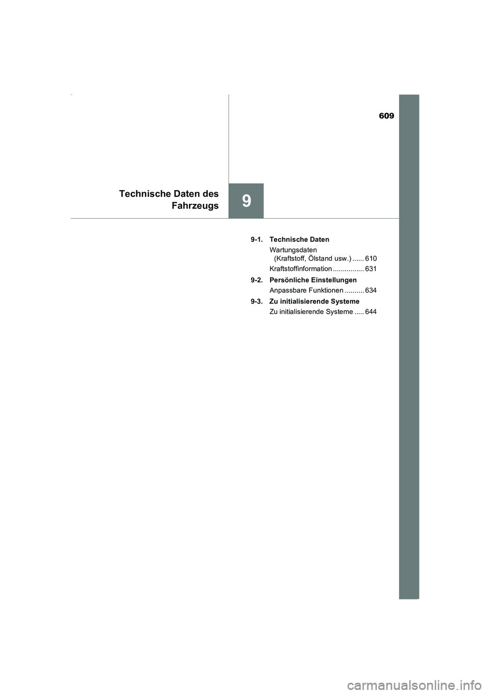TOYOTA AVENSIS 2016 Betriebsanleitungen (in German) 609
9
Technische Daten desFahrzeugs
AVENSIS_OM_OM20C22M_(EM) 9-1. Technische Daten
Wartungsdaten (Kraftstoff, Ölstand usw.) ...... 610
Kraftstoffinformation ................ 631
9-2. Persönliche Ein TOYOTA AVENSIS 2016 Betriebsanleitungen (in German) 609
9
Technische Daten desFahrzeugs
AVENSIS_OM_OM20C22M_(EM) 9-1. Technische Daten
Wartungsdaten (Kraftstoff, Ölstand usw.) ...... 610
Kraftstoffinformation ................ 631
9-2. Persönliche Ein