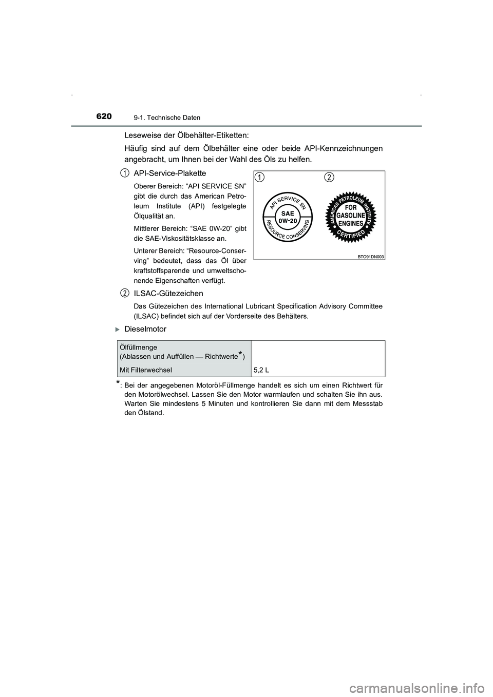 TOYOTA AVENSIS 2016  Betriebsanleitungen (in German) 6209-1. Technische Daten
AVENSIS_OM_OM20C22M_(EM)
Leseweise der Ölbehälter-Etiketten:
Häufig sind auf dem Ölbehälter eine oder beide API-Kennzeichnungen
angebracht, um Ihnen bei der Wahl des Öls