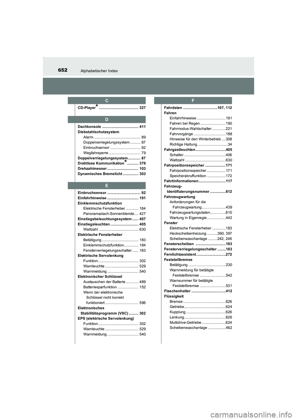 TOYOTA AVENSIS 2016 Betriebsanleitungen (in German) 652Alphabetischer Index
AVENSIS_OM_OM20C22M_(EM)
CD-Player*...................................... 327
Dachkonsole ................................... 411
Diebstahlschutzsystem Alarm .................. TOYOTA AVENSIS 2016 Betriebsanleitungen (in German) 652Alphabetischer Index
AVENSIS_OM_OM20C22M_(EM)
CD-Player*...................................... 327
Dachkonsole ................................... 411
Diebstahlschutzsystem Alarm ..................