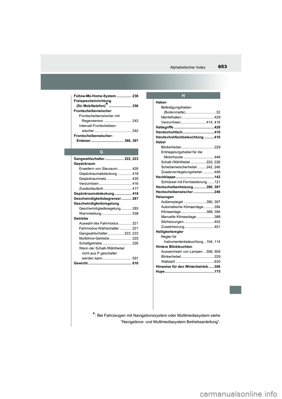 TOYOTA AVENSIS 2016 Betriebsanleitungen (in German) 653Alphabetischer Index
AVENSIS_OM_OM20C22M_(EM)
Follow-Me-Home-System ............... 236
Freisprecheinrichtung (für Mobiltelefon)
*....................... 356
Frontscheibenwischer
Frontscheibenwisc TOYOTA AVENSIS 2016 Betriebsanleitungen (in German) 653Alphabetischer Index
AVENSIS_OM_OM20C22M_(EM)
Follow-Me-Home-System ............... 236
Freisprecheinrichtung (für Mobiltelefon)
*....................... 356
Frontscheibenwischer
Frontscheibenwisc