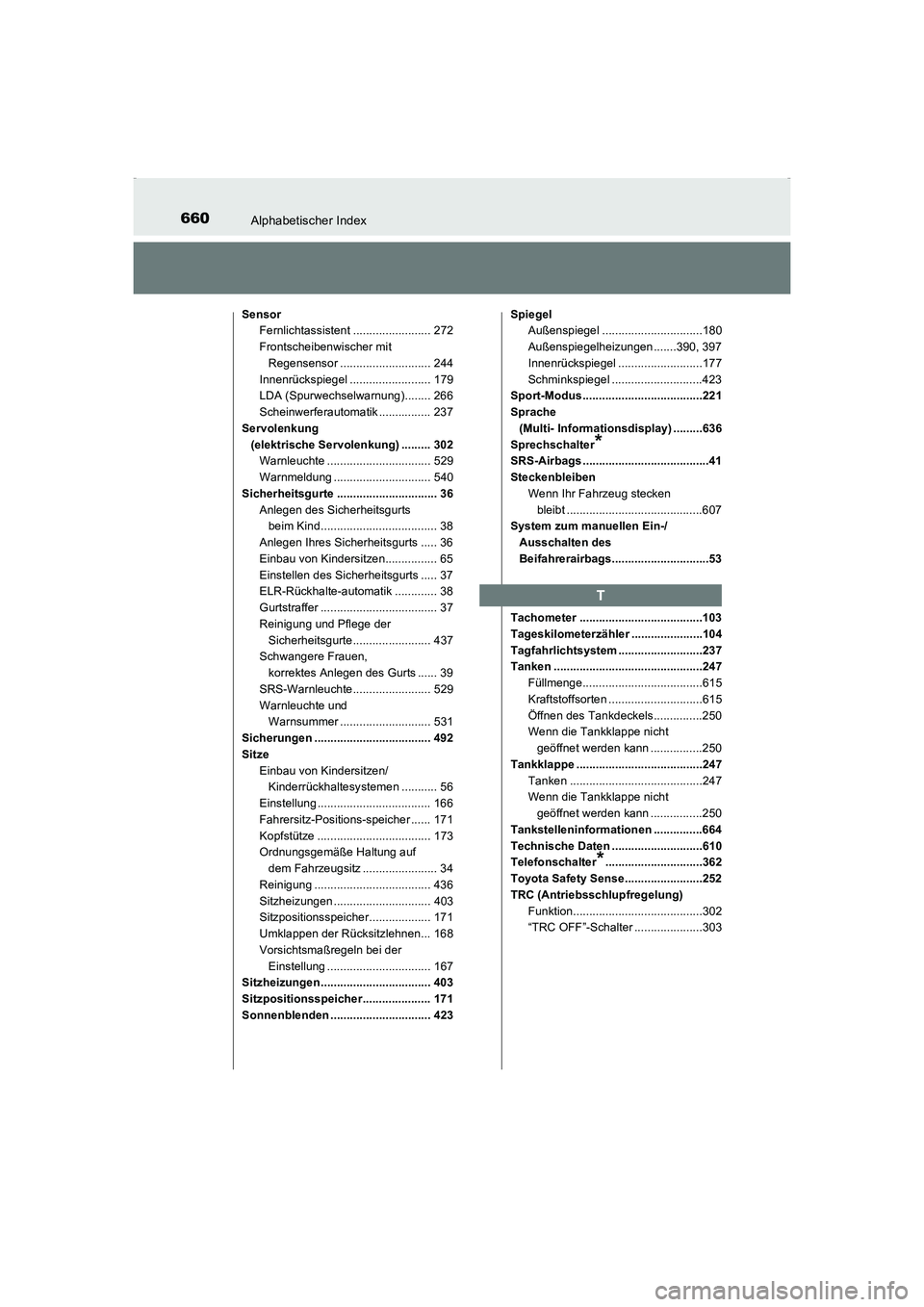 TOYOTA AVENSIS 2016 Betriebsanleitungen (in German) 660Alphabetischer Index
AVENSIS_OM_OM20C22M_(EM)
SensorFernlichtassistent ........................ 272
Frontscheibenwischer mit Regensensor ............................ 244
Innenrückspiegel ......... TOYOTA AVENSIS 2016 Betriebsanleitungen (in German) 660Alphabetischer Index
AVENSIS_OM_OM20C22M_(EM)
SensorFernlichtassistent ........................ 272
Frontscheibenwischer mit Regensensor ............................ 244
Innenrückspiegel .........