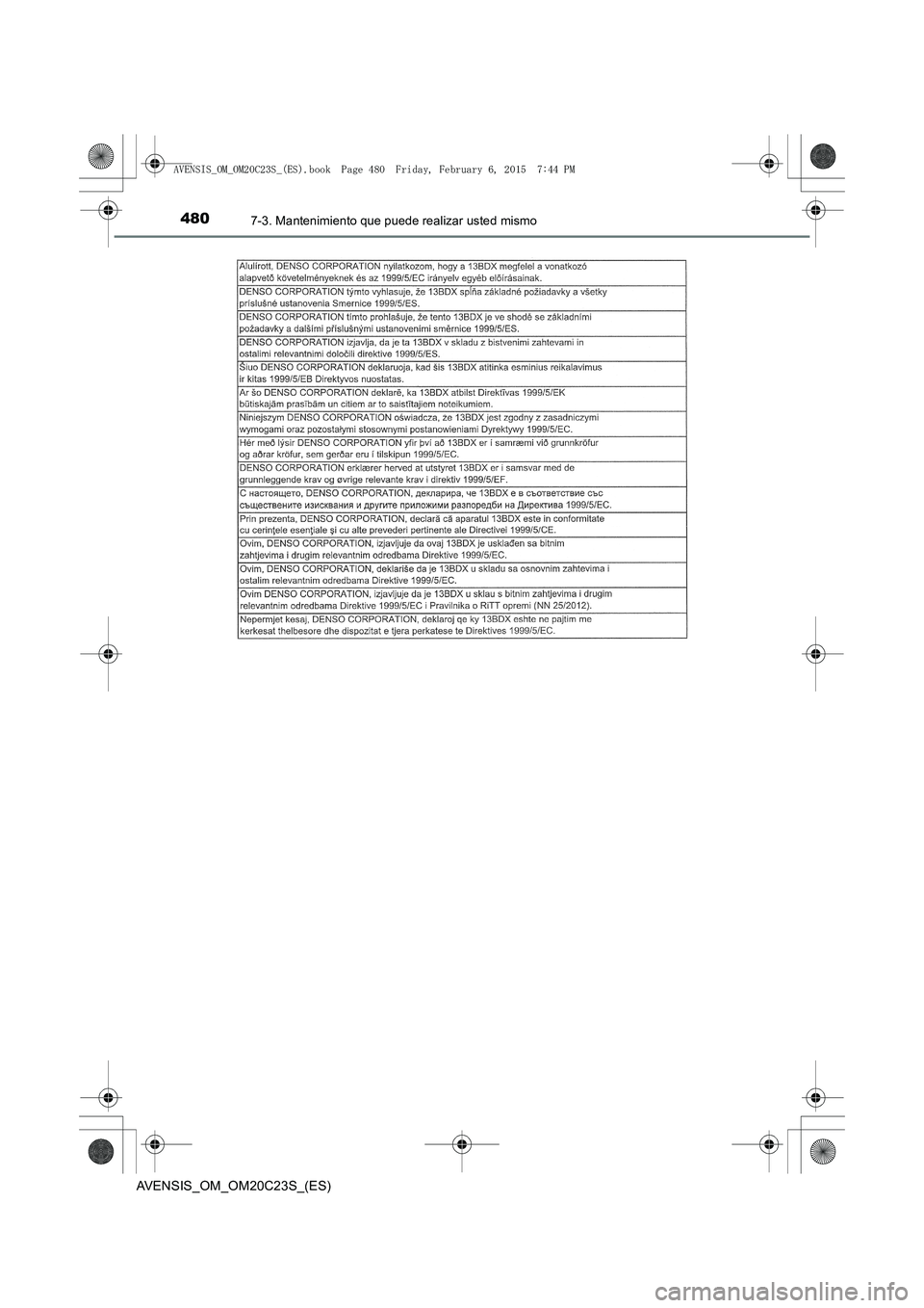 TOYOTA AVENSIS 2016  Manuale de Empleo (in Spanish) 4807-3. Mantenimiento que puede realizar usted mismo
AVENSIS_OM_OM20C23S_(ES)
AVENSIS_OM_OM20C23S_(ES).book  Page 480  Friday, February 6, 2015  7:44 PM 