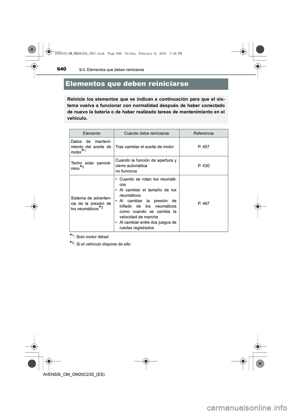 TOYOTA AVENSIS 2016  Manuale de Empleo (in Spanish) 6409-3. Elementos que deben reiniciarse
AVENSIS_OM_OM20C23S_(ES)
Elementos que deben reiniciarse
*1: Solo motor diésel
*2: Si el vehículo dispone de ello
Reinicie los elementos que se indican a cont