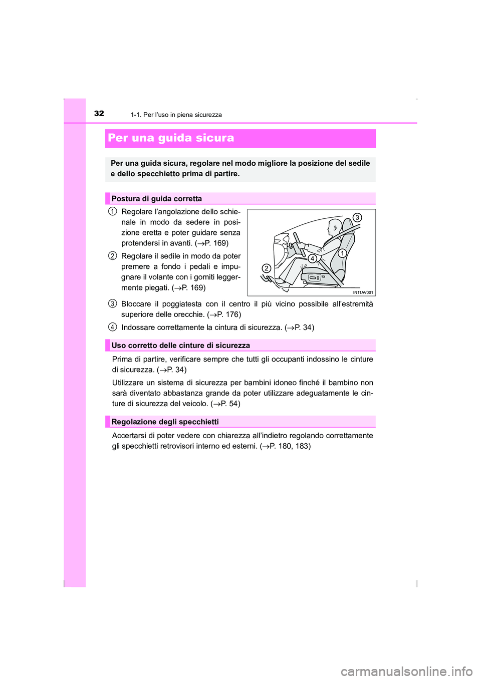 TOYOTA AVENSIS 2016 Manuale duso (in Italian) 321-1. Per l’uso in piena sicurezza
AVENSIS_OM_OM20C24L_(EL)
Per una guida sicura
Regolare l’angolazione dello schie-
nale in modo da sedere in posi-
zione eretta e poter guidare senza
protendersi TOYOTA AVENSIS 2016 Manuale duso (in Italian) 321-1. Per l’uso in piena sicurezza
AVENSIS_OM_OM20C24L_(EL)
Per una guida sicura
Regolare l’angolazione dello schie-
nale in modo da sedere in posi-
zione eretta e poter guidare senza
protendersi