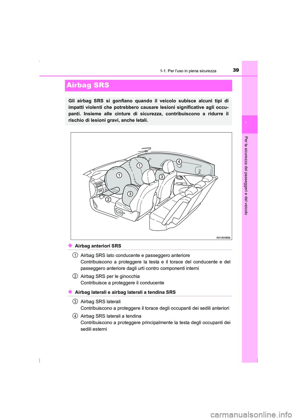 TOYOTA AVENSIS 2016 Manuale duso (in Italian) 391-1. Per l’uso in piena sicurezza
1
Per la sicurezza dei passeggeri e del veicolo
AVENSIS_OM_OM20C24L_(EL)
Airbag SRS
◆Airbag anteriori SRSAirbag SRS lato conducente e passeggero anteriore
Cont TOYOTA AVENSIS 2016 Manuale duso (in Italian) 391-1. Per l’uso in piena sicurezza
1
Per la sicurezza dei passeggeri e del veicolo
AVENSIS_OM_OM20C24L_(EL)
Airbag SRS
◆Airbag anteriori SRSAirbag SRS lato conducente e passeggero anteriore
Cont