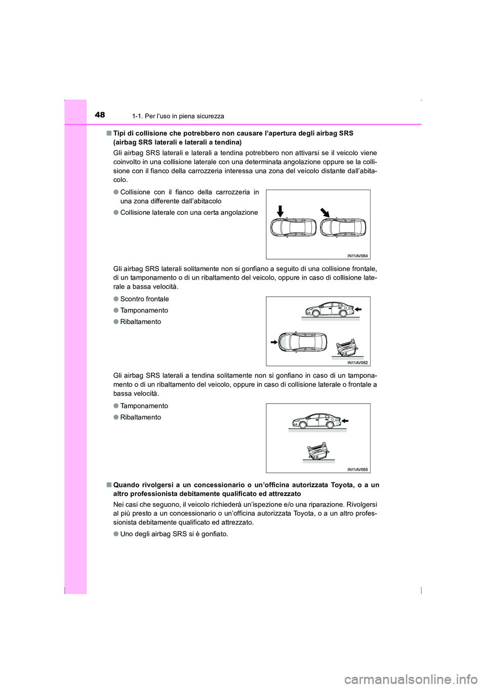 TOYOTA AVENSIS 2016 Manuale duso (in Italian) 481-1. Per l’uso in piena sicurezza
AVENSIS_OM_OM20C24L_(EL)■
Tipi di collisione che potrebbero non causare l’apertura degli airbag SRS
(airbag SRS laterali e laterali a tendina)
Gli airbag SRS TOYOTA AVENSIS 2016 Manuale duso (in Italian) 481-1. Per l’uso in piena sicurezza
AVENSIS_OM_OM20C24L_(EL)■
Tipi di collisione che potrebbero non causare l’apertura degli airbag SRS
(airbag SRS laterali e laterali a tendina)
Gli airbag SRS