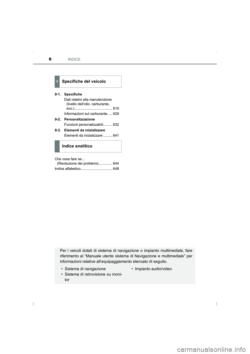 TOYOTA AVENSIS 2016  Manuale duso (in Italian) INDICE6
AVENSIS_OM_OM20C24L_(EL)9-1. Specifiche
Dati relativi alla manutenzione (livello dell’olio, carburante, 
ecc.) ...................................... 610
Informazioni sul carburante..... 629