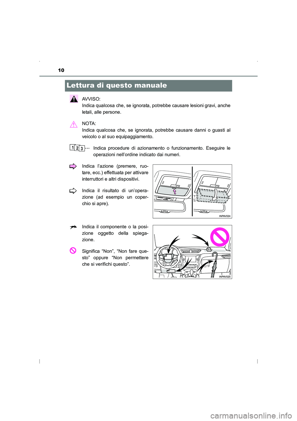 TOYOTA AVENSIS 2016  Manuale duso (in Italian) 10
AVENSIS_OM_OM20C24L_(EL)
Lettura di questo manuale
AVVISO: 
Indica qualcosa che, se ignorata, potrebbe causare lesioni gravi, anche
letali, alle persone.
NOTA: 
Indica qualcosa che, se ignorata, po