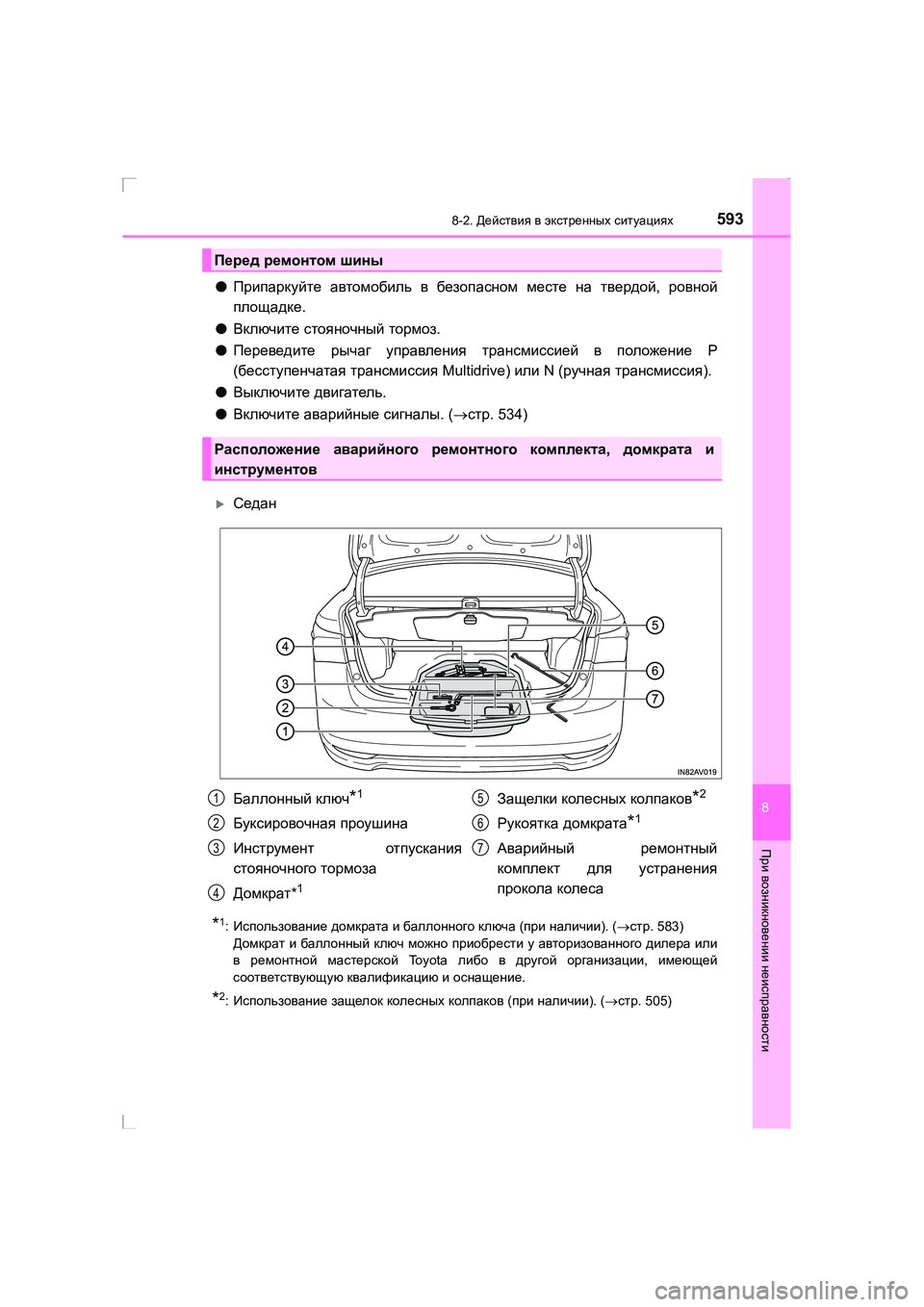 TOYOTA AVENSIS 2016  Руково 5938-2. Действия  в  экстренных  ситуациях
AVENSIS_OM_OM20C28R_(RR)
8
При  возникновении  неисправности
●Припаркуйте  автомо