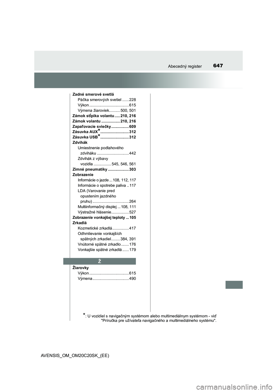TOYOTA AVENSIS 2016  Návod na použitie (in Slovakian) 647Abecedný register
AVENSIS_OM_OM20C20SK_(EE)
Zadné smerové svetlá
Páčka smerových svetiel ...... 228
Výkon .................................... 615
Výmena žiaroviek.......... 500, 501
Zám