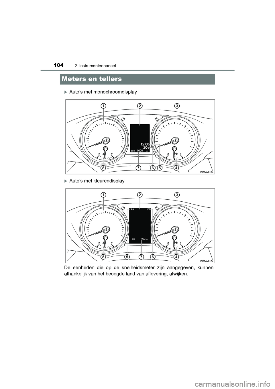 TOYOTA AVENSIS 2016 Instructieboekje (in Dutch) 1042. Instrumentenpaneel
AVENSIS_OM_OM20C20E_(EE)
Meters en tellers
Autos met monochroomdisplay
Autos met kleurendisplay
De eenheden die op de snelheidsm eter zijn aangegeven, kunnen
afhankeli TOYOTA AVENSIS 2016 Instructieboekje (in Dutch) 1042. Instrumentenpaneel
AVENSIS_OM_OM20C20E_(EE)
Meters en tellers
Autos met monochroomdisplay
Autos met kleurendisplay
De eenheden die op de snelheidsm eter zijn aangegeven, kunnen
afhankeli
