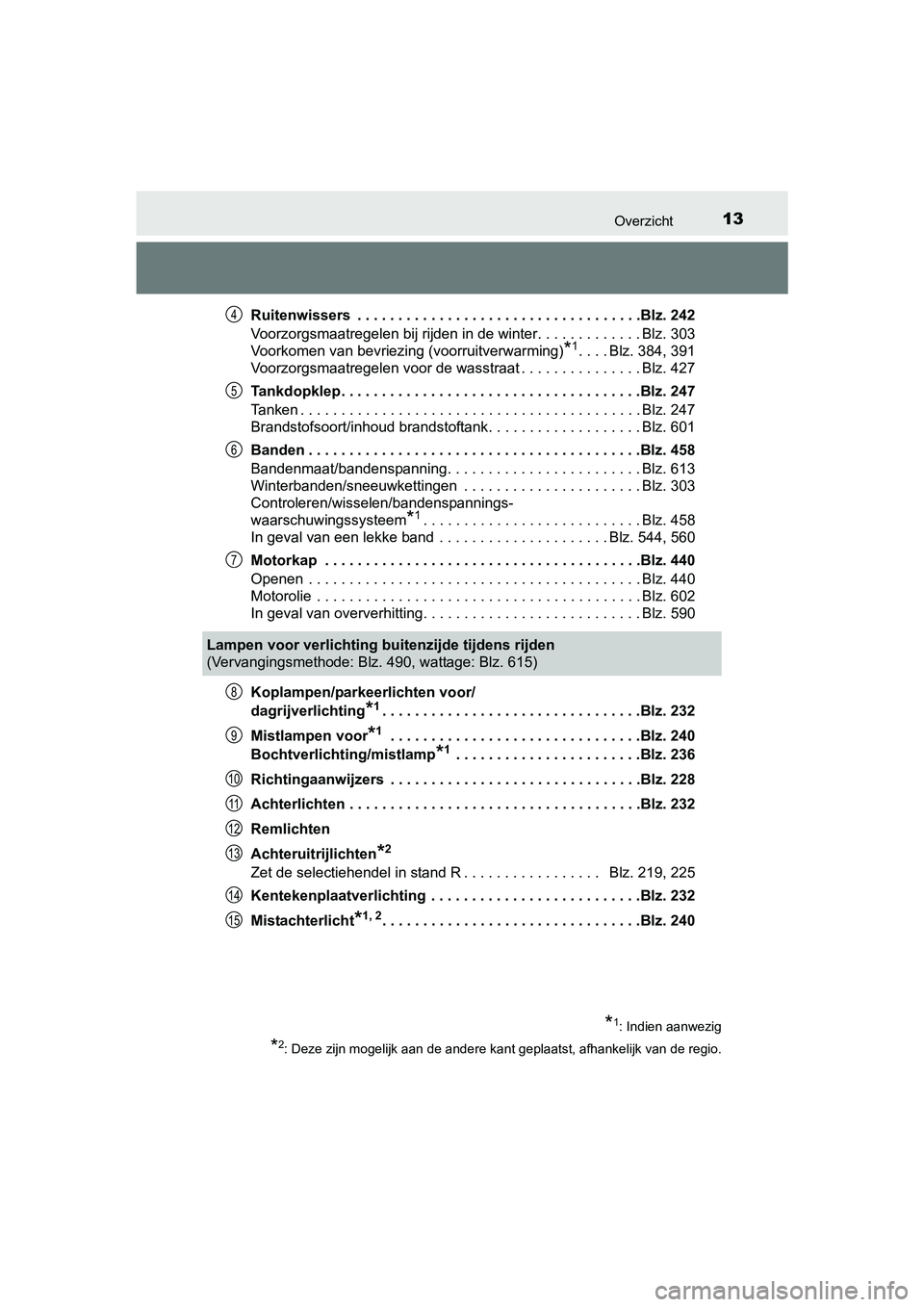 TOYOTA AVENSIS 2016 Instructieboekje (in Dutch) 13Overzicht
AVENSIS_OM_OM20C20E_(EE)Ruitenwissers . . . . . . . . . . . . . . . . . . . . . . . . . . . . . . . . . . .Blz. 242
Voorzorgsmaatregelen bij rijden in de winter. . . . . . . . . . . . . B TOYOTA AVENSIS 2016 Instructieboekje (in Dutch) 13Overzicht
AVENSIS_OM_OM20C20E_(EE)Ruitenwissers . . . . . . . . . . . . . . . . . . . . . . . . . . . . . . . . . . .Blz. 242
Voorzorgsmaatregelen bij rijden in de winter. . . . . . . . . . . . . B