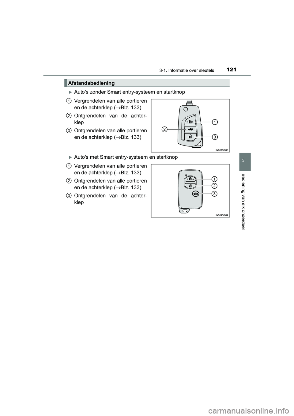 TOYOTA AVENSIS 2016  Instructieboekje (in Dutch) 1213-1. Informatie over sleutels
3
Bediening van elk onderdeel
AVENSIS_OM_OM20C20E_(EE)
Autos zonder Smart entry-systeem en startknop
Vergrendelen van alle portieren
en de achterklep (Blz. 133)