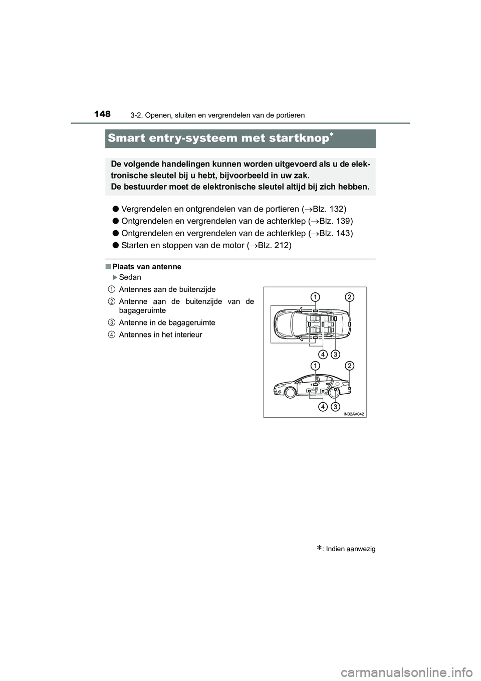 TOYOTA AVENSIS 2016  Instructieboekje (in Dutch) 1483-2. Openen, sluiten en vergrendelen van de portieren
AVENSIS_OM_OM20C20E_(EE)
Smart entr y-systeem met startknop
●Vergrendelen en ontgrendelen van de portieren ( Blz. 132)
● Ontgrendelen