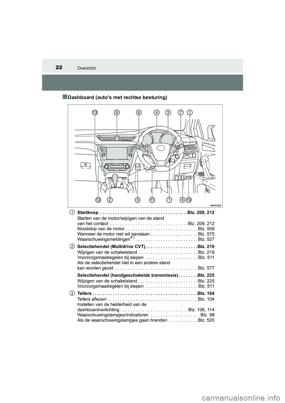TOYOTA AVENSIS 2016 Instructieboekje (in Dutch) 22Overzicht
AVENSIS_OM_OM20C20E_(EE)
■Dashboard (autos met rechtse besturing)
Startknop . . . . . . . . . . . . . . . . . . . . . . . . . . . . . . . . . . .Blz. 209, 212
Starten van de motor/wijz TOYOTA AVENSIS 2016 Instructieboekje (in Dutch) 22Overzicht
AVENSIS_OM_OM20C20E_(EE)
■Dashboard (autos met rechtse besturing)
Startknop . . . . . . . . . . . . . . . . . . . . . . . . . . . . . . . . . . .Blz. 209, 212
Starten van de motor/wijz